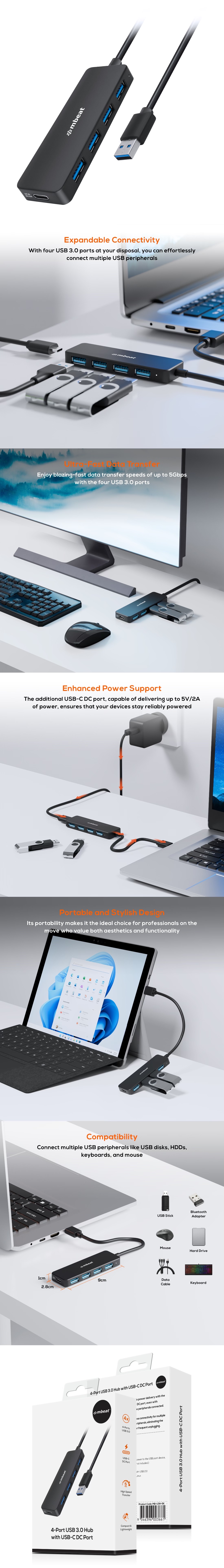 A large marketing image providing additional information about the product mBeat 4-Port USB-A 3.0 Hub with DC Port - Additional alt info not provided